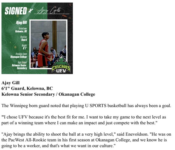 Ajay Gill — Signed to UFV Cascades